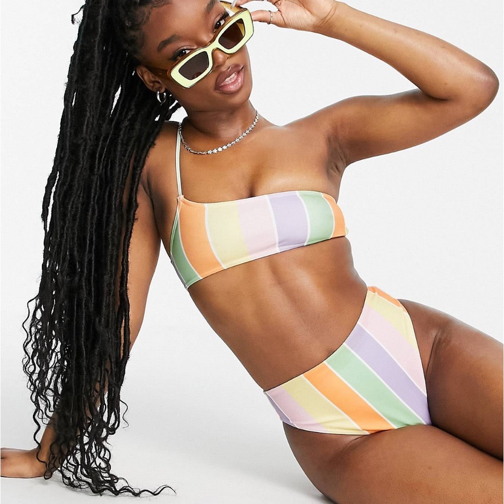 Collusion Multi Colour Bikini High Waist Bottoms, 1 Strap Top Sz: fits like XXS